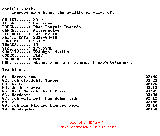 NFO for the release SALO-Hardcore-DE-16BIT-WEB-FLAC-2026-ENRiCH by ENRiCH