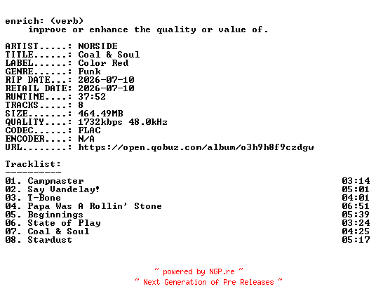NFO for the release NORSIDE-Coal_and_Soul-24BIT-WEB-FLAC-2026-ENRiCH by ENRiCH