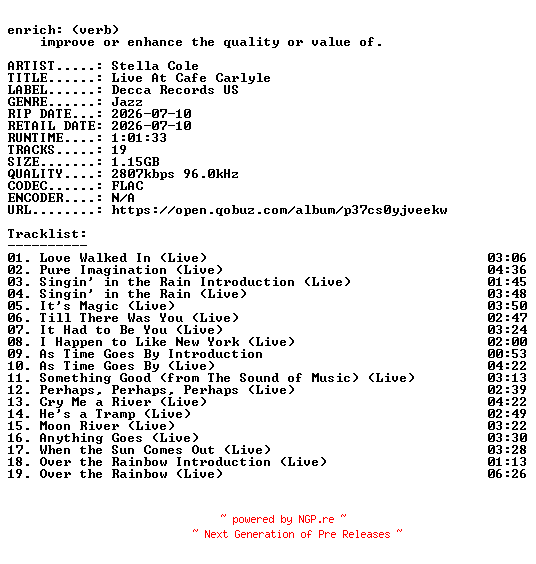 NFO for the release Stella_Cole-Live_At_Cafe_Carlyle-24BIT-WEB-FLAC-2026-ENRiCH by ENRiCH