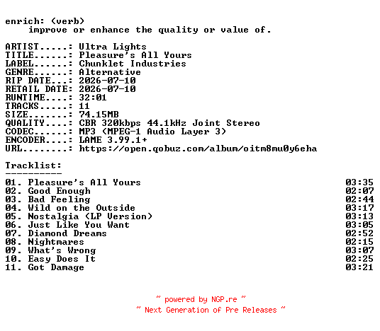 NFO for the release Ultra_Lights-Pleasures_All_Yours-WEB-2026-ENRiCH by ENRiCH