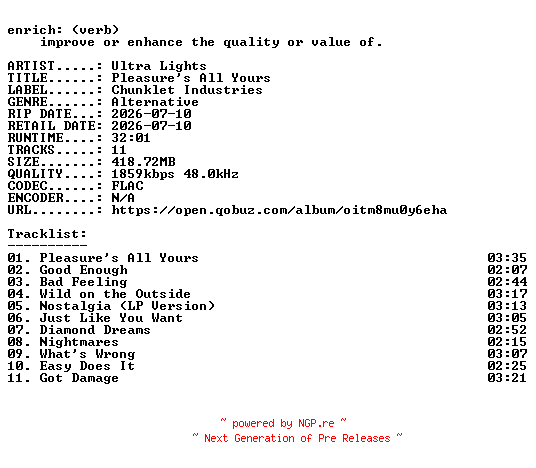 NFO for the release Ultra_Lights-Pleasures_All_Yours-24BIT-WEB-FLAC-2026-ENRiCH by ENRiCH