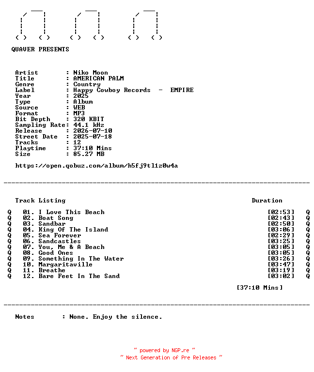 NFO for the release Niko_Moon-AMERICAN_PALM-DELUXE_EDITION-WEB-2025-QUAVER by QUAVER