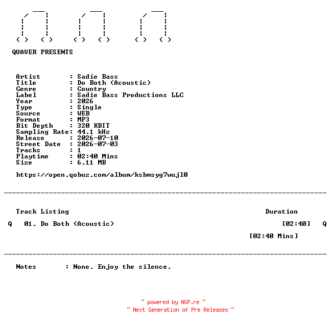NFO for the release Sadie_Bass-Do_Both_(Acoustic)-SINGLE-WEB-2026-QUAVER by QUAVER