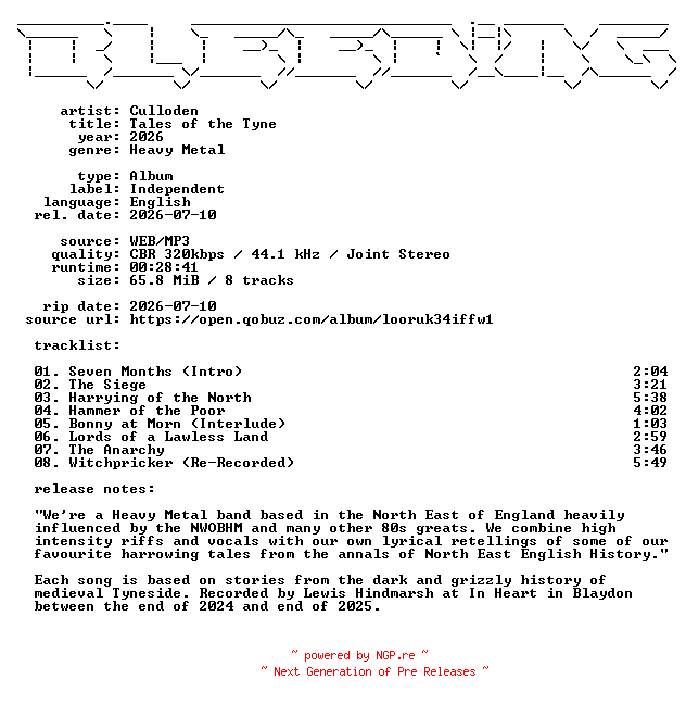 NFO for the release Culloden-Tales_of_the_Tyne-WEB-2026-BLEEDiNG by BLEEDiNG