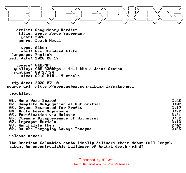 NFO for the release Sanguinary_Verdict-Brute_Force_Supremacy-WEB-2026-BLEEDiNG by BLEEDiNG