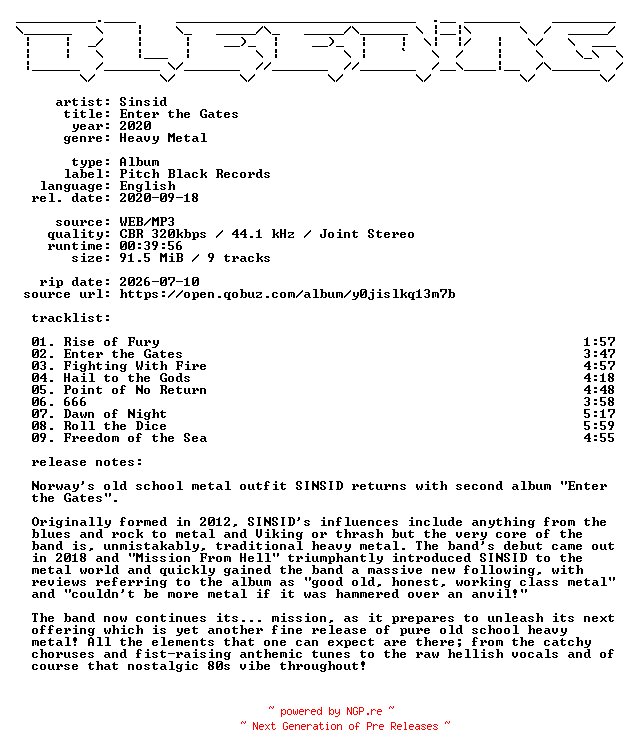 NFO for the release Sinsid-Enter_the_Gates-WEB-2020-BLEEDiNG by BLEEDiNG