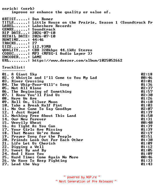 NFO for the release Dan_Romer-Little_House_on_the_Prairie_Season_1_(Soundtrack_From_The_Netflix_Series)-OST-WEB-2026-ENRiCH by ENRiCH