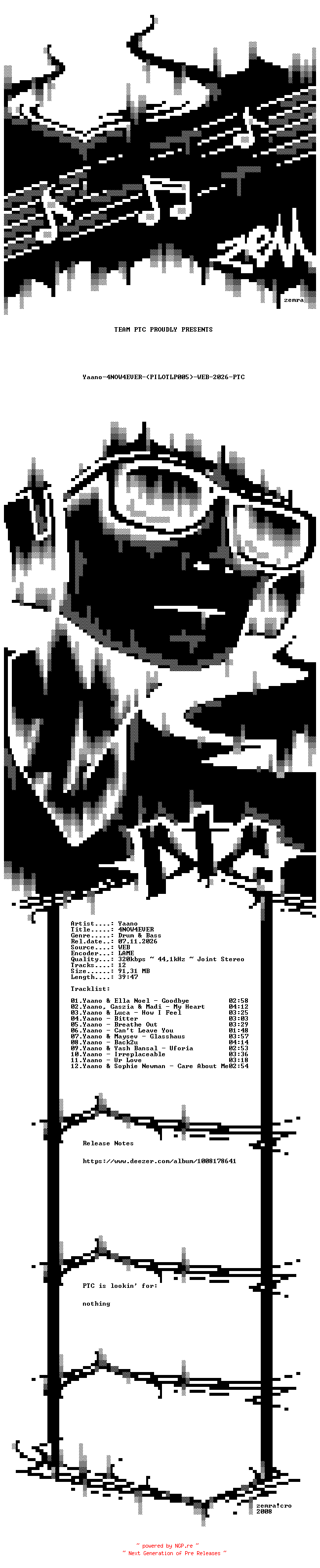 NFO for the release Yaano-4NOW4EVER-(PILOTLP005)-WEB-2026-PTC by PTC