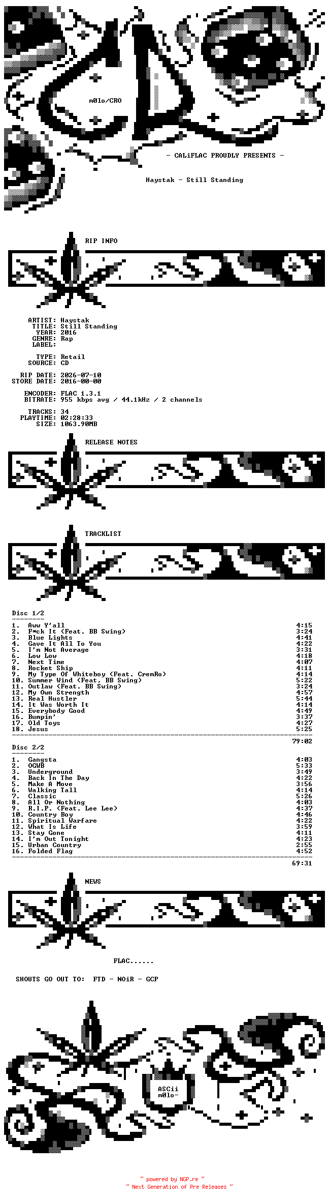 NFO for the release Haystak-Still_Standing-2CD-FLAC-2016-CALiFLAC by CALiFLAC