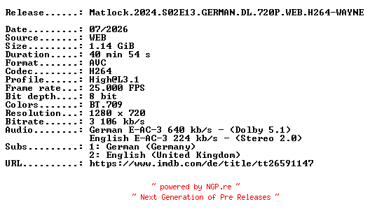NFO for the release Matlock.2024.S02E13.GERMAN.DL.720P.WEB.H264-WAYNE by WAYNE