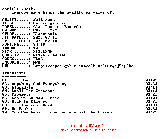 NFO for the release Pull_Rank-Hypervigilance-(CDR-TP-297)-16BIT-WEB-FLAC-2026-ENRiCH by ENRiCH