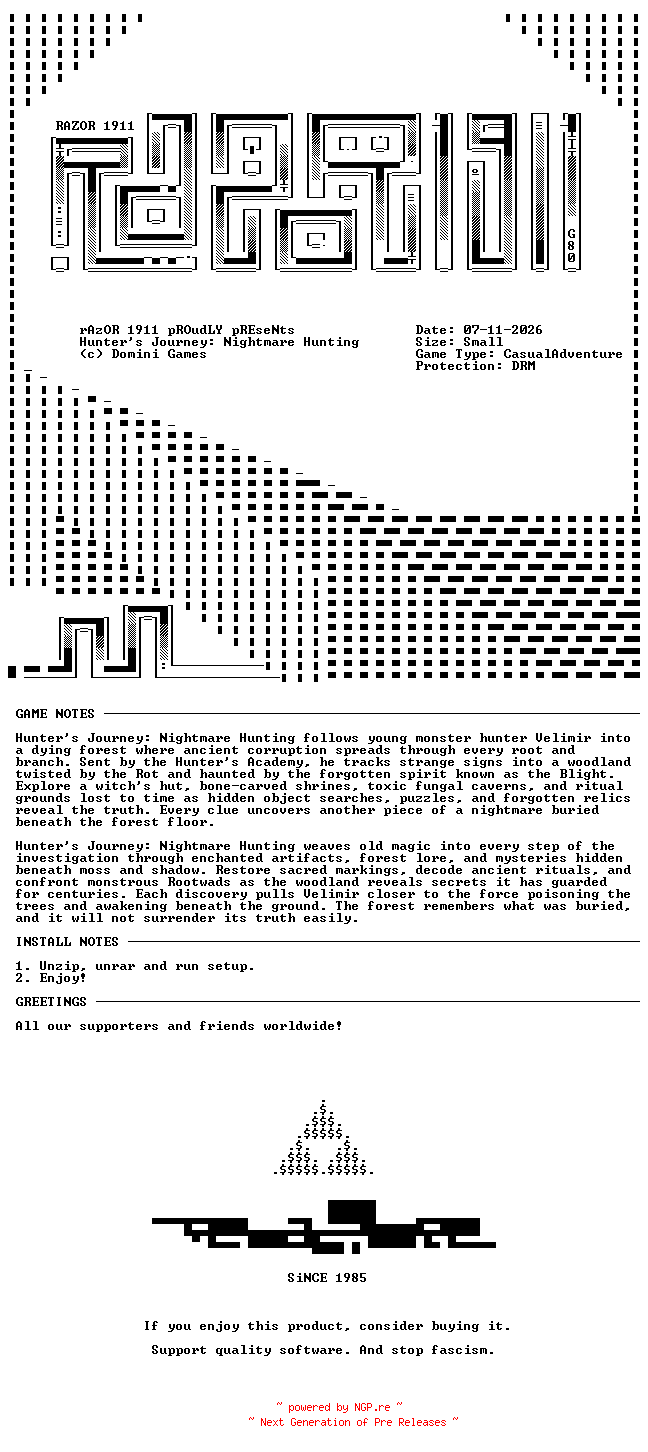 NFO for the release Hunters_Journey_Nightmare_Hunting-RAZOR by RAZOR