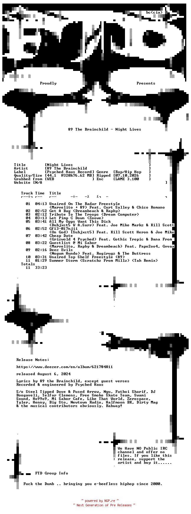 NFO for the release 89_The_Brainchild-Night_Lives-WEB-2024-FTD by FTD
