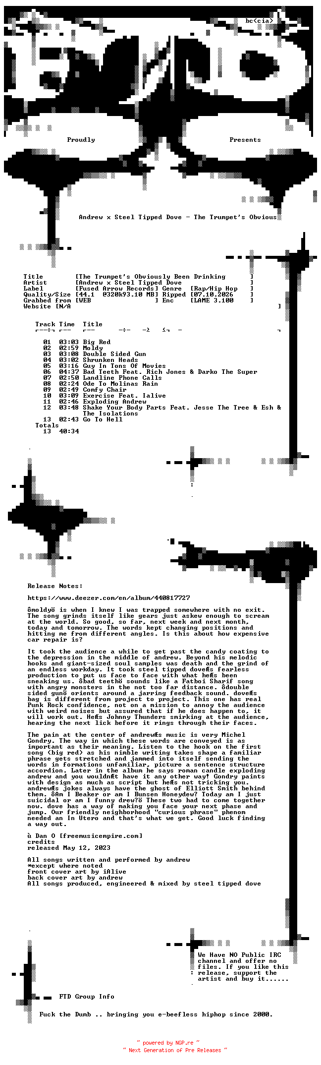 NFO for the release Andrew_x_Steel_Tipped_Dove-The_Trumpets_Obviously_Been_Drinking-WEB-2023-FTD by FTD