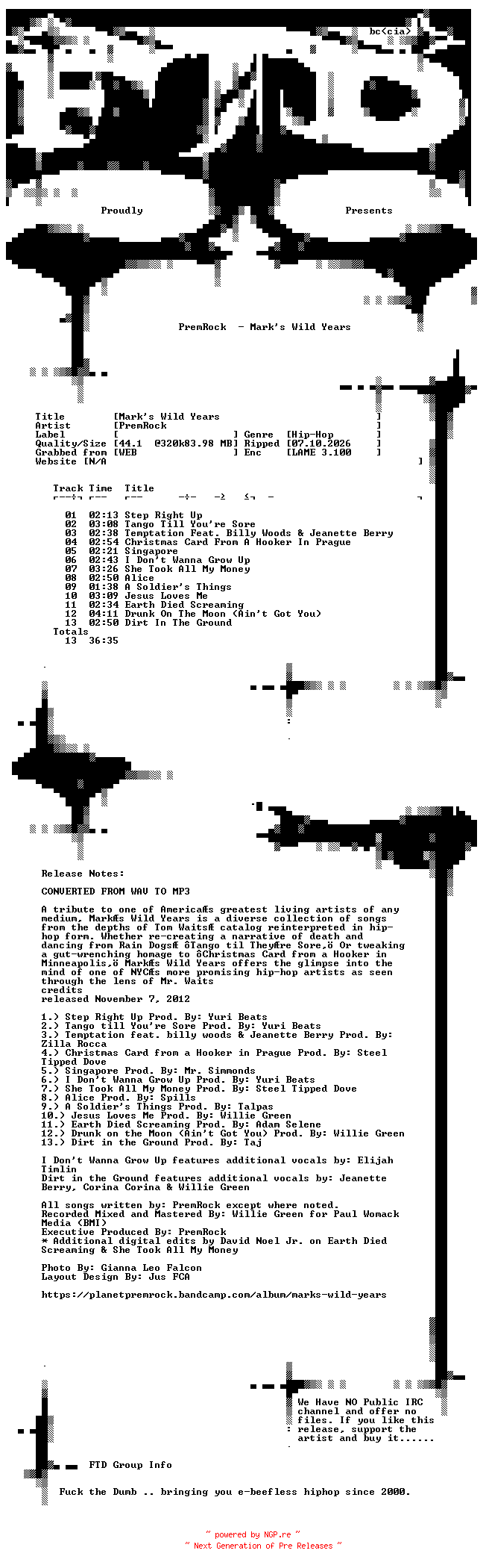 NFO for the release PremRock-Marks_Wild_Years-WEB-2012-FTD by FTD