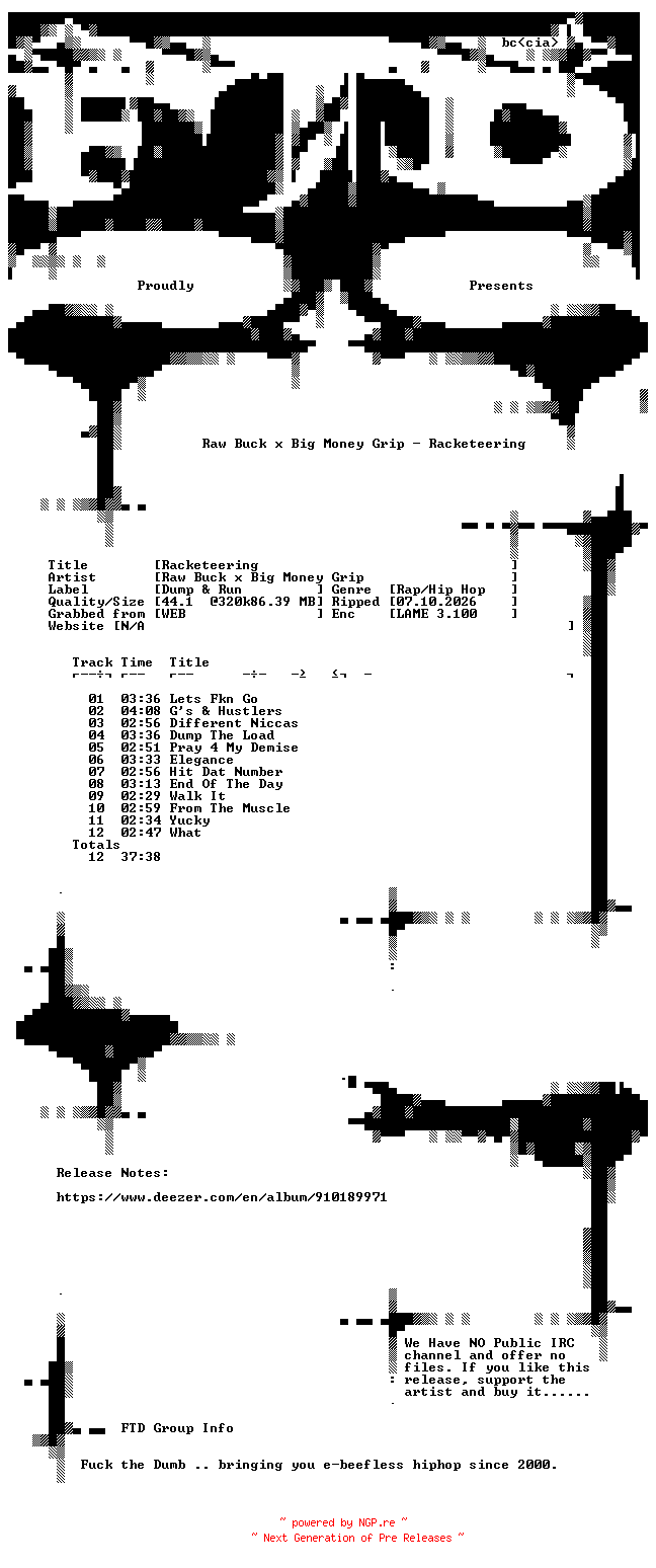 NFO for the release Raw_Buck_x_Big_Money_Grip-Racketeering-WEB-2026-FTD by FTD