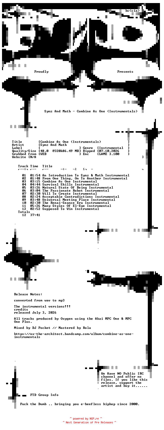 NFO for the release Synz_And_Math-Combine_As_One_(Instrumentals)-WEB-2026-FTD_INT by FTD_INT