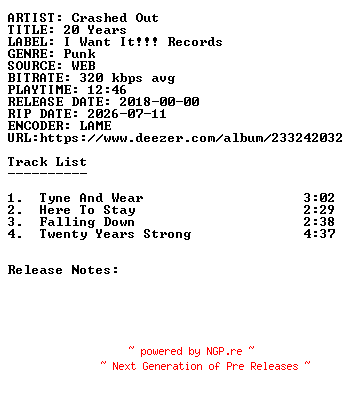 NFO for the release Crashed_Out-20_Years-WEB-2018-SDR by SDR