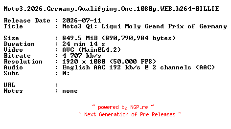 NFO for the release Moto3.2026.Germany.Qualifying.One.1080p.WEB.h264-BILLIE by BILLIE