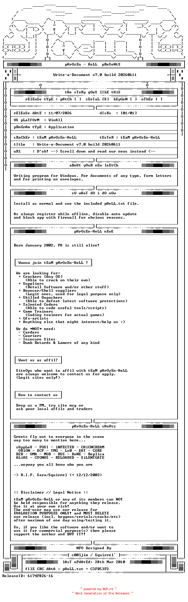 NFO for the release Write-a-Document.v7.0.build.20260611-PH by PH