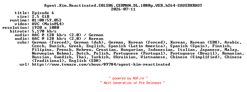 NFO for the release Agent.Kim.Reactivated.S01E06.GERMAN.DL.1080p.WEB.h264-SAUERKRAUT by SAUERKRAUT
