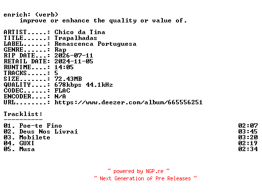 NFO for the release Chico_da_Tina-Trapalhadas-PT-EP-16BIT-WEB-FLAC-2019-ENRiCH by ENRiCH