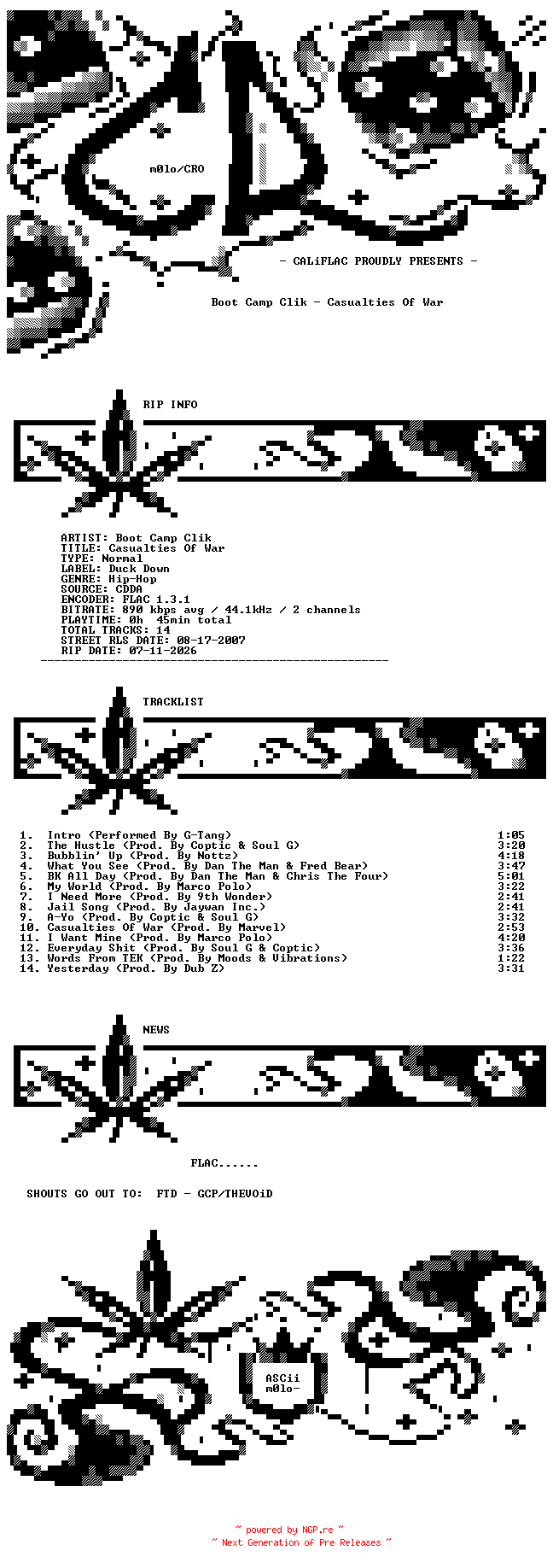 NFO for the release Boot_Camp_Clik-Casualties_Of_War-CD-FLAC-2007-CALiFLAC by CALiFLAC
