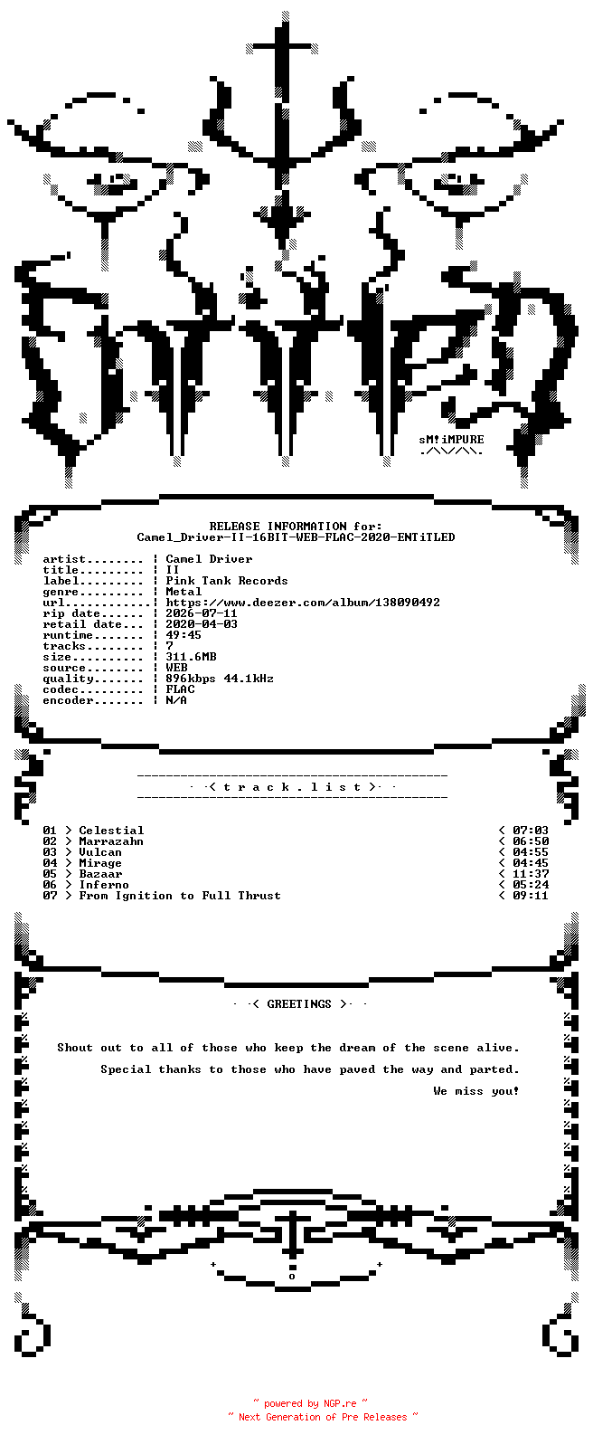 NFO for the release Camel_Driver-II-16BIT-WEB-FLAC-2020-ENTiTLED by ENTiTLED