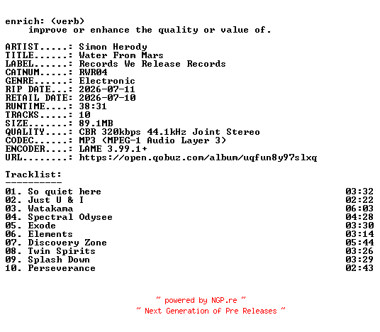 NFO for the release Simon_Herody-Water_From_Mars-(RWR04)-WEB-2026-ENRiCH by ENRiCH