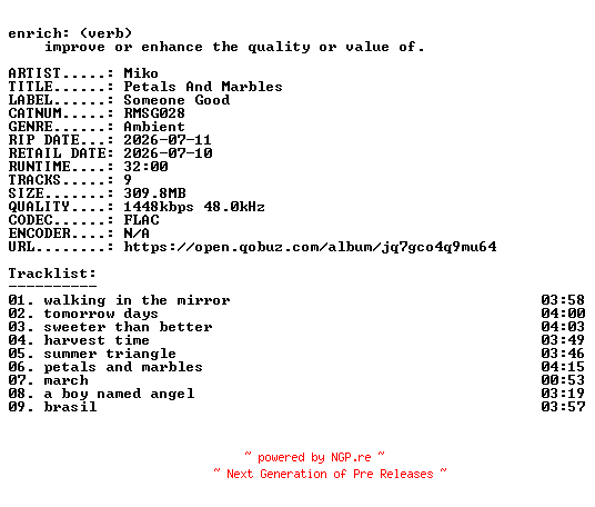 NFO for the release Miko-Petals_And_Marbles-(RMSG028)-24BIT-WEB-FLAC-2026-ENRiCH by ENRiCH
