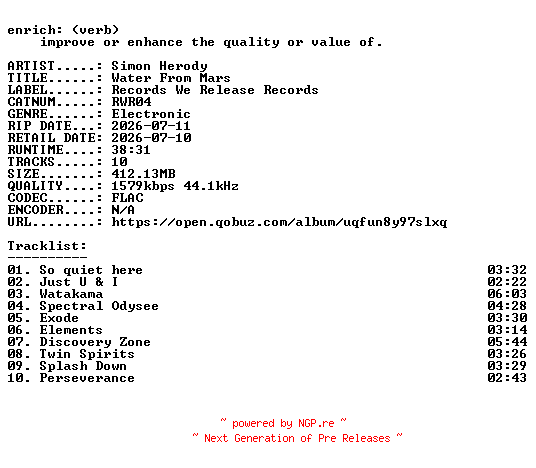 NFO for the release Simon_Herody-Water_From_Mars-(RWR04)-24BIT-WEB-FLAC-2026-ENRiCH by ENRiCH