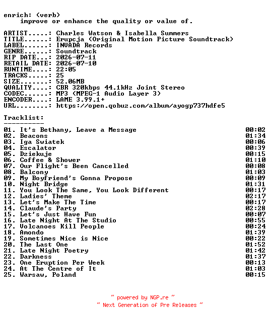 NFO for the release Charles_Watson_and_Isabella_Summers-Erupcja_(Original_Motion_Picture_Soundtrack)-OST-WEB-2026-ENRiCH by ENRiCH