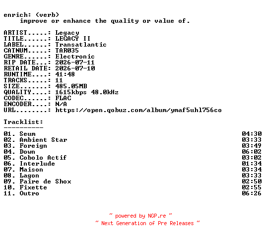 NFO for the release Legacy-LEGACY_II-(TAR035)-24BIT-WEB-FLAC-2026-ENRiCH by ENRiCH