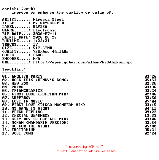 NFO for the release Nirosta_Steel-MY_SKYSCRAPER-16BIT-WEB-FLAC-2026-ENRiCH by ENRiCH