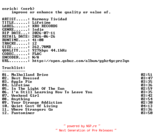 NFO for the release Harmony_Tividad-Lifetime-16BIT-WEB-FLAC-2026-ENRiCH by ENRiCH