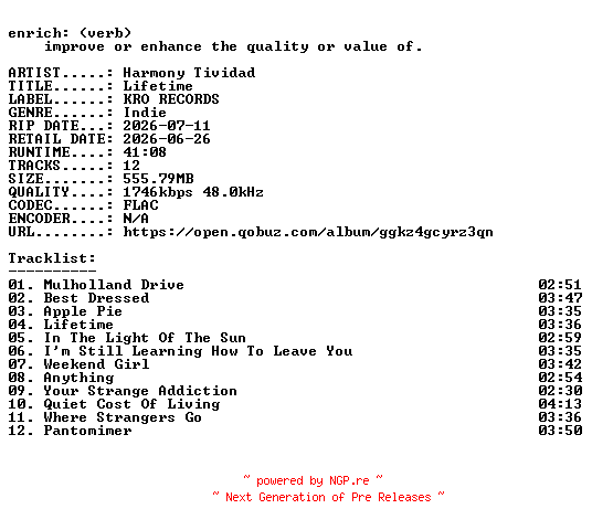 NFO for the release Harmony_Tividad-Lifetime-24BIT-WEB-FLAC-2026-ENRiCH by ENRiCH