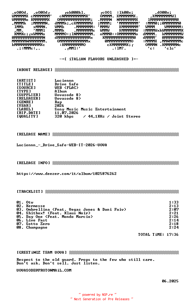 NFO for the release Luciennn_-_Drive_Safe-WEB-IT-2026-UOVA by UOVA