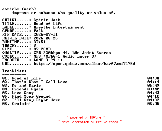 NFO for the release Spirit_Josh-Road_of_Life-WEB-2026-ENRiCH by ENRiCH