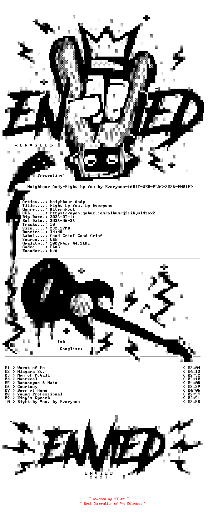 NFO for the release Neighbour_Andy-Right_by_You_by_Everyone-16BIT-WEB-FLAC-2026-ENViED by ENViED