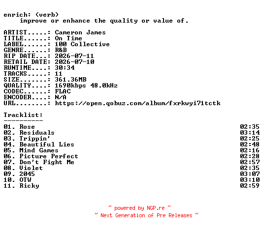 NFO for the release Cameron_James-On_Time-24BIT-WEB-FLAC-2026-ENRiCH by ENRiCH
