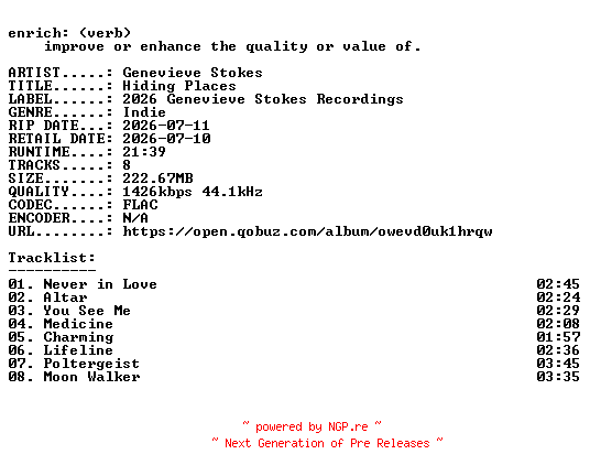 NFO for the release Genevieve_Stokes-Hiding_Places-24BIT-WEB-FLAC-2026-ENRiCH by ENRiCH