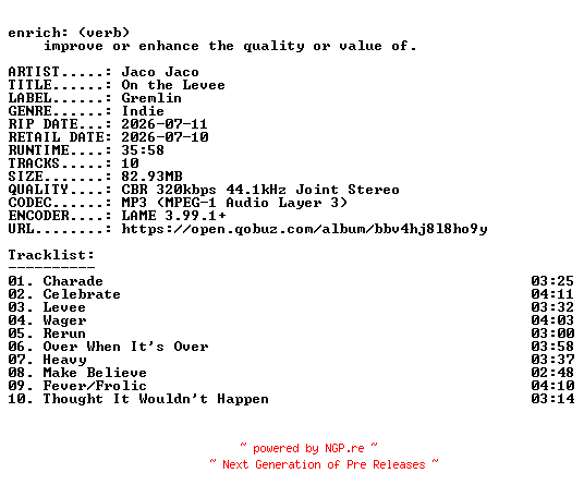 NFO for the release Jaco_Jaco-On_the_Levee-WEB-2026-ENRiCH by ENRiCH
