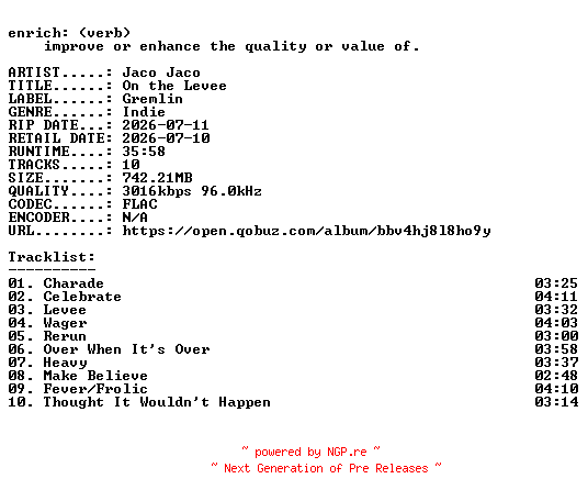 NFO for the release Jaco_Jaco-On_the_Levee-24BIT-WEB-FLAC-2026-ENRiCH by ENRiCH