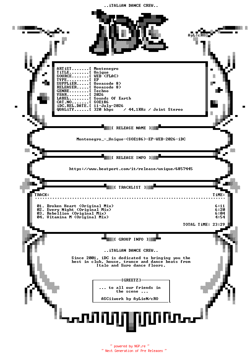 NFO for the release Montenegro_-_Unique-(SOE186)-EP-WEB-2026-iDC by iDC