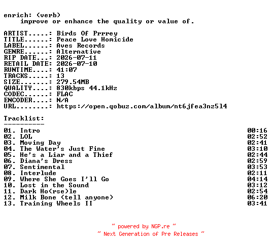 NFO for the release Birds_Of_Prrrey-Peace_Love_Homicide-24BIT-WEB-FLAC-2026-ENRiCH by ENRiCH