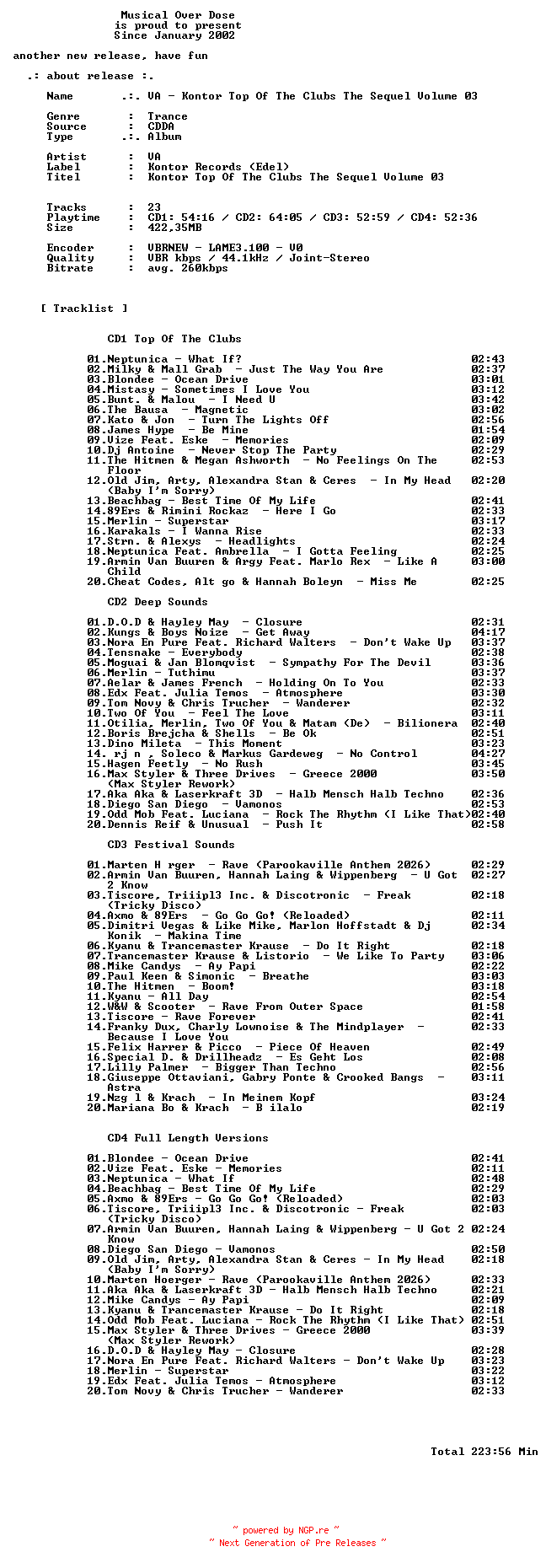 NFO for the release VA_-_Kontor_Top_Of_The_Clubs_The_Sequel_Volume_03-4CD-2026-MOD by MOD