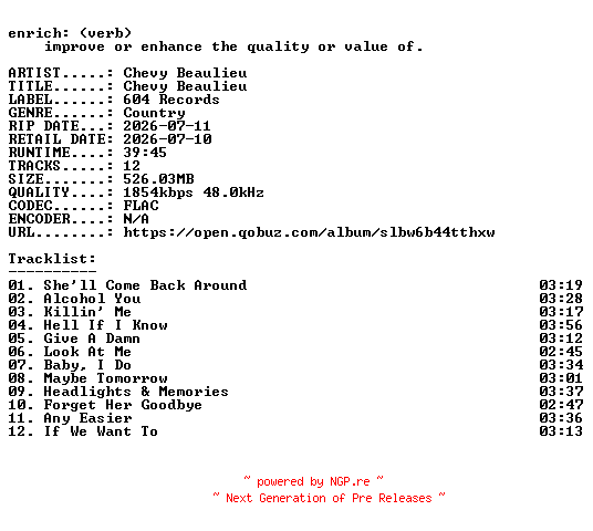 NFO for the release Chevy_Beaulieu-Chevy_Beaulieu-24BIT-WEB-FLAC-2026-ENRiCH by ENRiCH