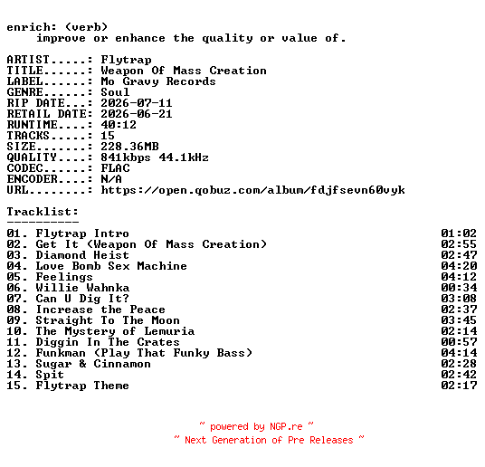 NFO for the release Flytrap-Weapon_Of_Mass_Creation-16BIT-WEB-FLAC-2026-ENRiCH by ENRiCH