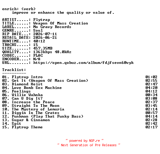 NFO for the release Flytrap-Weapon_Of_Mass_Creation-24BIT-WEB-FLAC-2026-ENRiCH by ENRiCH