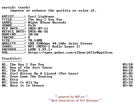 NFO for the release Sari_Lightman-The_Way_I_Saw_You-WEB-2026-ENRiCH by ENRiCH
